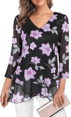SeSe Code Womens Dressy 3/4 Sleeve Tunic Tops Asymmetric Hem Blouses Lightweight Mesh Shirt Black-pink Large