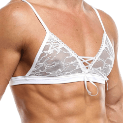 Secret Male Fitted Lace Bra for Men, Slim Mens Tank Top Shirts with Sheer Fabric, Wire-Free Support Large White