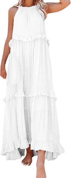 Women's Cocktail Dresses Boho Sleeveless Sundress for Women Flowy Swing Crewneck Ruffle Tiered Maxi Dresses 2024 X-Large A1-white