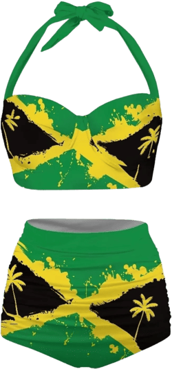 Suobstales High Waisted Bikinis Set for Women Two Piece Swimsuits V Neck Bathing Suit Tummy Control Beachwear Swimwear Medium Jamaica Flag Palm Tree