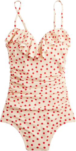 Ruched one-piece swimsuit with ruffles in red dot print - VINTAGE RED DOT