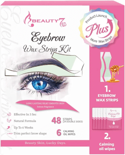 Beauty7 Eyebrow Wax Strips, Plus Volum Eyebrow Waxing Kit, Facial Wax Strips, Facial Hair Removal, at Home Waxing 48 Strips, 6 Calming Oil Wipes, for All Skin Types Women