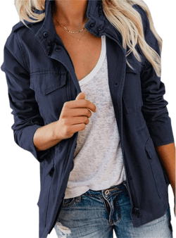 Womens Multi Pockets Military Jacket Washed Cotton Zip Up Jackets Spring Fall Button Down Denim Jean Coat at Amazon Women's Coats Shop