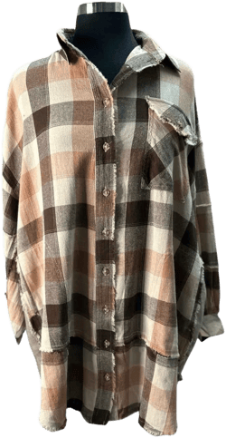 Coral Brown Oversized Plaid Flannel Shirt