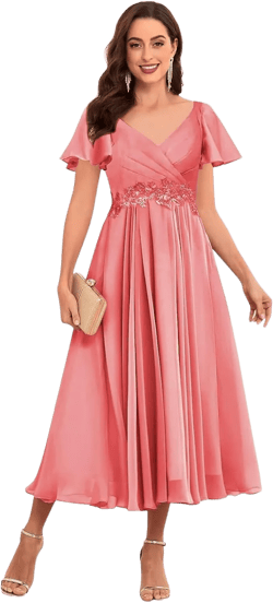 Tea Length Mother of The Bride Dresses for Women Lace Appliques Chiffon Wedding Guest Dresses Formal Gowns with Sleeves Coral 10