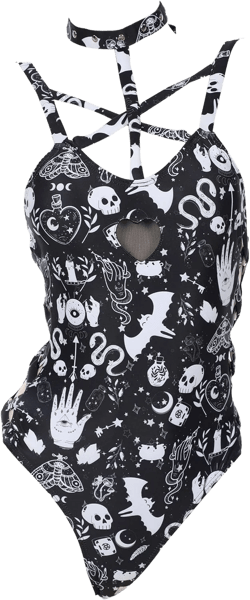 haikyuu Women Goth One Piece Swimsuit Skeleton Swimsuit Gothic Bathing Suit Slimming Crisscross Lace Up