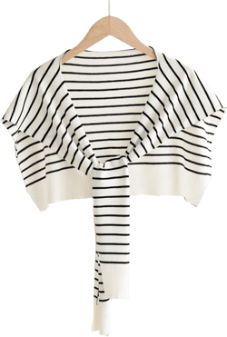 Wool Knitted Small Shawl For Women Long Sleeves Knotted Classic Stripe Pattern Decorative Shawl Wrap Cape Warm Scarf White Stripe / Single Piece