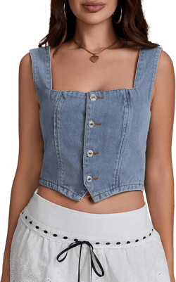 Women Y2K Button Down Denim Vest Sleeveless Denim Crop Top Jean Waistcoat Vest Jean Corset Bustier Summer Streetwear Blue Medium