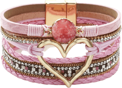 Suyi Multilayer Leather Wrap Bracelet Heart-Shape Wide Cuff Bracelets for Women Pink