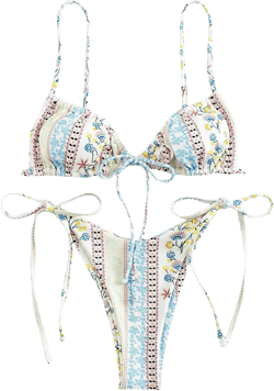 WDIRARA Women's Floral Print Tie Side Swimwear Straps Bikini Sets Swimsuits