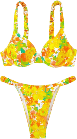 Floerns Women's 2 Piece Bikini Swimsuit Allover Print Push Up High Waisted Swimwear Yellow X-Large