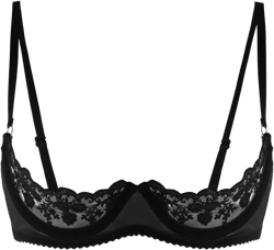 Vxuxlje Women's Sheer Mesh Floral Lace Underwired Bra Tops Push Up Open Cup Shelf Bra Lingerie Medium Black