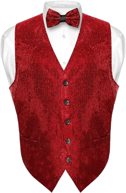 Men's SEQUIN Design Dress Vest & Bow Tie RED Color BOWTie Set for Suit Tux Small Red