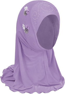 Girls Muslim Hijab Floral Lace Head Scarf Islamic Arab Scarf Shawls Head Wrap with Flowers Rhinestones for Girls Purple （girls）