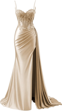 Women's Mermaid Satin Prom Dresses Long Spaghetti Straps Lace Applique Formal Evening Gowns with Slit Champagne 22