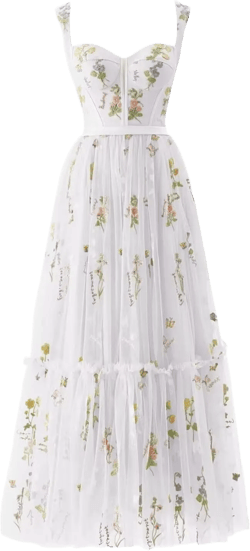 Embroidery Floral Prom Dresses for Women Tea Length Flowy Tulle Corset V Neck Modest Formal Party Dress with Pockets White 20 Plus