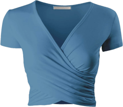 Women's Crop Top Cross Wrap Long/Short Sleeve Deep V Neck Slim Fit XX-Large Denim_2329