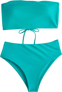 MakeMeChic Women's Two Piece Bandeau Swimsuit Lace Up High Waisted Bikini Sets Ribbed Textured Bathing Suit Small Mint Blue