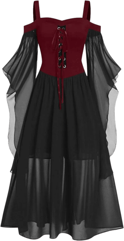 Womens Renaissance Costume Halloween Gothic Dress Witch Costume Off Shoulder Bat Sleeve Dresses Medieval Dress 05-red 3X-Large