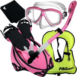 Promate Snorkeling Vest Purge Mask Dry Snorkel Fins Mesh Bag Set Pink MLXL Fins+Large Vest