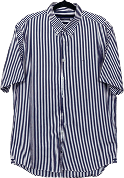 Tommy Hilfiger White Blue Red Striped Fitted Short Sleeve Button Up Business Polo Dress Shirt 42 C112