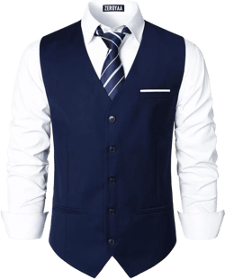 ZEROYAA Men's Hipster Urban Design 3 Pockets Business Formal Dress Vest for Suit Tuxedo Navy White Large