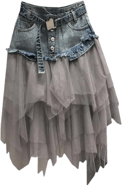 Women Denim Mesh Patchwork Lace Skirt High Waist A Line Asymmetric Frill Tulle Gothic Skirts X-Large A