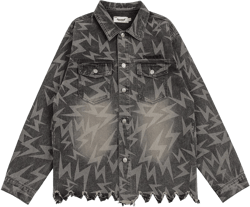 Men Denim Jacket Lightning Printed Jacket Coat Washed Distressed Denim Jacket