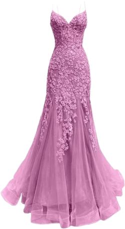 Lace Appliques Prom Dresses for Women Spaghetti Straps Mermaid Ball Dress Tulle V-Neck Formal Gown PD934 14 Pink