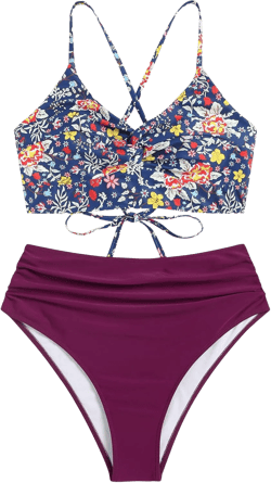 ZAFUL Womens Plus Size Bikini Twist High Waisted Bikini Sets Push Up Bikini Swimsuits Tummy Control 2 Piece Bathing Suit X-Large Plus Floral:wine Match