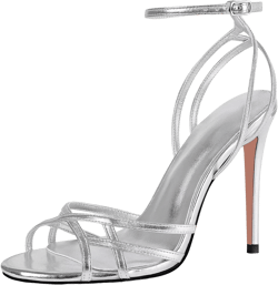 Womens Strappy Lace up Heels Sandals Sexy Stiletto High Heeled Open Square Toe Strap Summer Dress Shoes 7 Silver