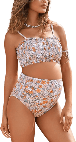 Bhome Maternity Swimsuit Two Pieces Adjustable Spaghetti Straps Smocked Bandeau Top with High Waisted Maternity Bikini Orange Floral Prints S