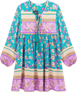 R.Vivimos Womens Long Sleeve Floral Casual Print Cotton Mini Tunic Dress