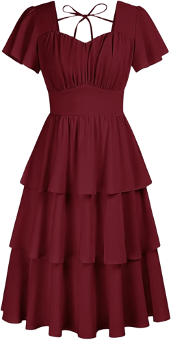 Belle Poque Women's Square Neck Tiered Ruffle Dress 2025 Summer Vintage Short Sleeve Layered A-line Swing Midi Dress