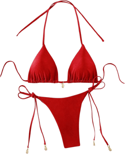 RoseSeeek Women's 2 Piece Swimsuit Halter Triangle Ruched High Cut Bathing Suit Thong Cheeky Bikini Set X-Small Red