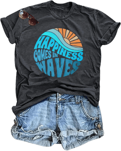 Hawaiian Shirts for Women Palm Trees Beach Graphic Tee Tops Summer Vacation Short Sleeve Tshirt Tops Large Grey(happiness)
