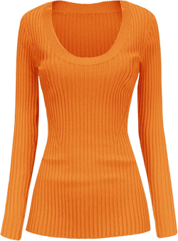 v28 Women Scoop Neck U-Neck Knit Long Sleeve Slim Fit Ribbed Sweater Tops Small Orange