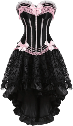 Steampunk Costume Outfit Women 2 Piece Set Overbust Corset Tube Top with Ruched Gothic High Low Skirt Pink Gothic Lolita Dress X-Large