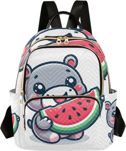 Mini Backpack Purse for Women, Cute Hippopotamus Holding A Sliced Watermelon Travel Bag Casual Daypack Shoulder Bag Small