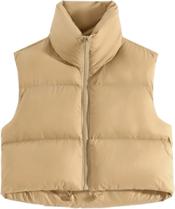 Fuinloth Women's Padded Vest, High Stand Collar Lightweight Zip Crop Puffer Gilet Medium Khaki