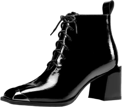 TinaCus Women's Handmade Patent Leather Classic Square Toe Mid Block Heel Side Zip Lace Up Stylish Ankle Boots 9 Black