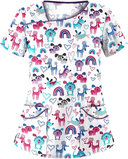 Scrub Tops Women Print Scrubs Pink Nurse Scrub Cotton Scrubs Womens Scrub Tops Printed Cartoon Scrubs 01-white XX-Large