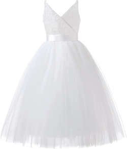 Flower Girl Dress Long Sleeves Lace Top Tulle Skirt Girls Lace Party Dresses