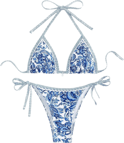 WDIRARA Women's 2 Piece Boho Swimsuits Floral Print Halter String Triangle Bikini Set Beach Bathing Suit Large Blue and White