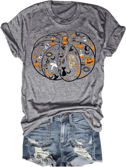 Womens Fall Pumpkin T-Shirts Funny Short Sleeve Halloween Graphic Tees Tops