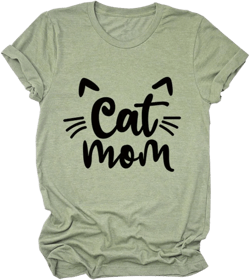 Cat Mom Women Short Sleeve Shirts Casual Funny Letter Print Graphic Tees for Girls Ladies Tops Olive Green XX-Large