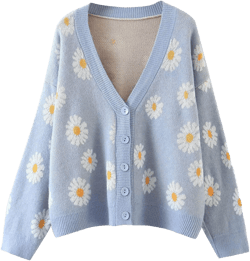 Women Y2K Floral Print Knit Cardigan Sweater Long Sleeve V Neck Button Down Sweater Vintage Aesthetic 90s Outerwear Tops One Size Blue
