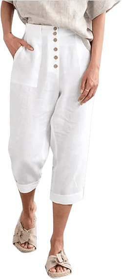 SVALIY Summer Cotton Linen Cropped Wide Leg Pants Capris Women Ladies Casual Loose Palazzo Pant Work Elastic Pocket Small White
