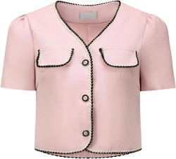 Women's Tweed Jacket Contrast Color Button Down Short Sleeve Work Office Blazer XX-Large Pink