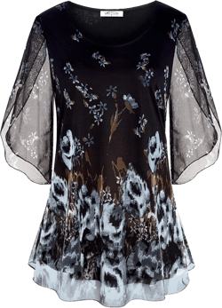 SeSe Code Womens Ruffle 3/4 Sleeve Mesh Blouses Loose Flowy Tops Stretchy Shirts Multi Black XX-Large